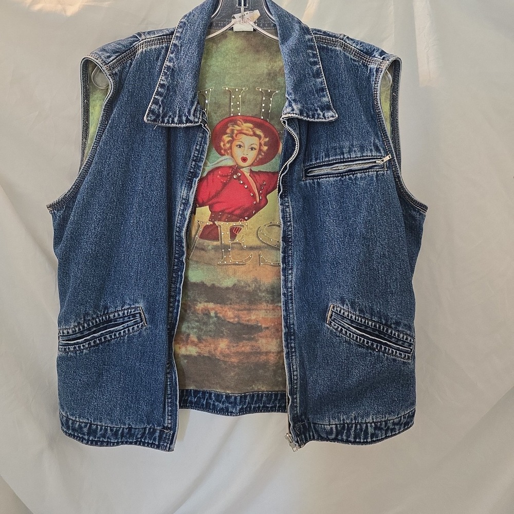 Vintage Ethyl Denim Vest Sz L Western Cowgirl Lining Wild West Rodeo Star 1990s